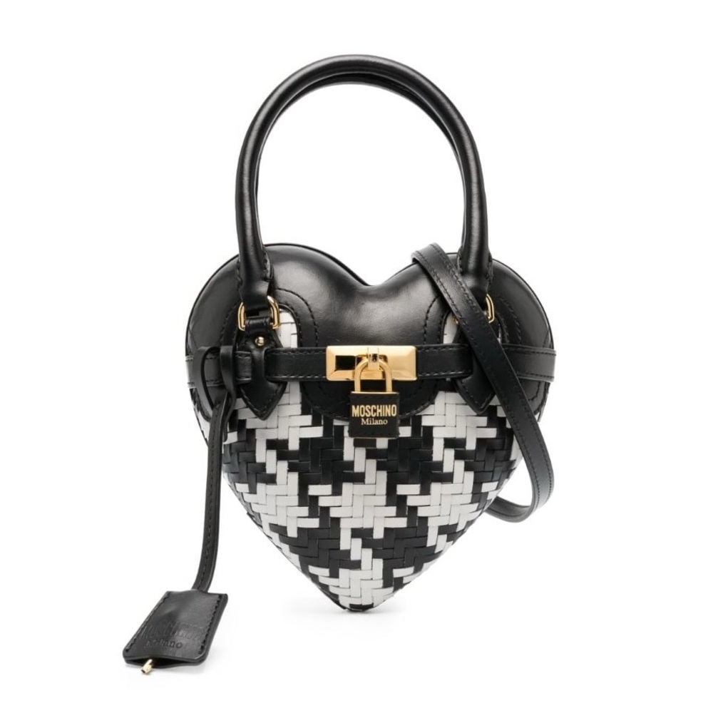 MOSCHINO Houndstooth Heart shaped woven leather shoulder bag top handle